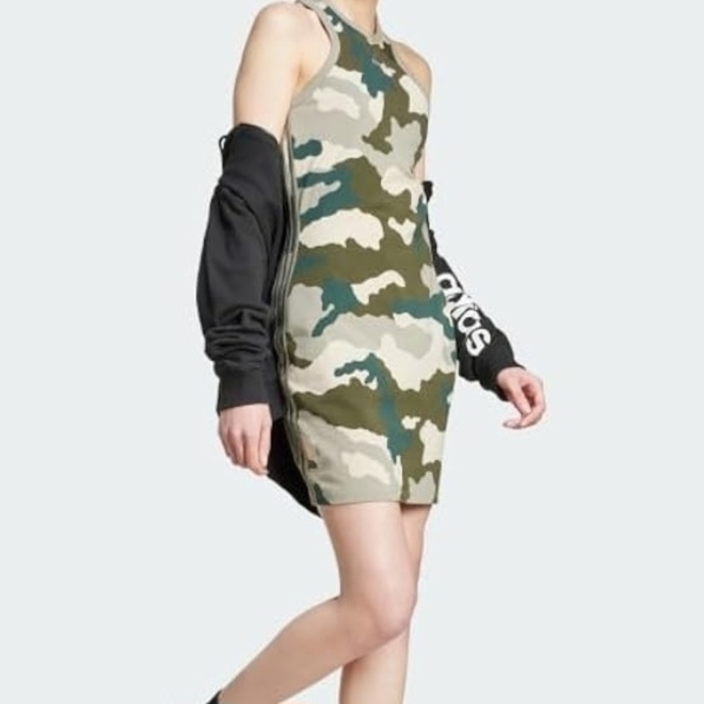 Adidas Camouflage Midi Tank Dress in Green and Beige